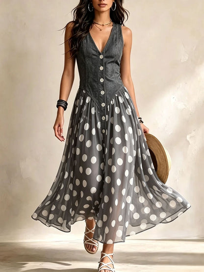 Adeline | Robe longue en denim à pois