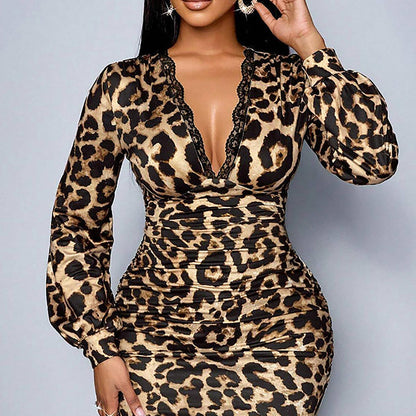 🔥50% de réduction ! 💃 Robe mi-longue léopard à col V dentelle & manches lanternes – Élégante, flatteuse et audacieuse 🐾