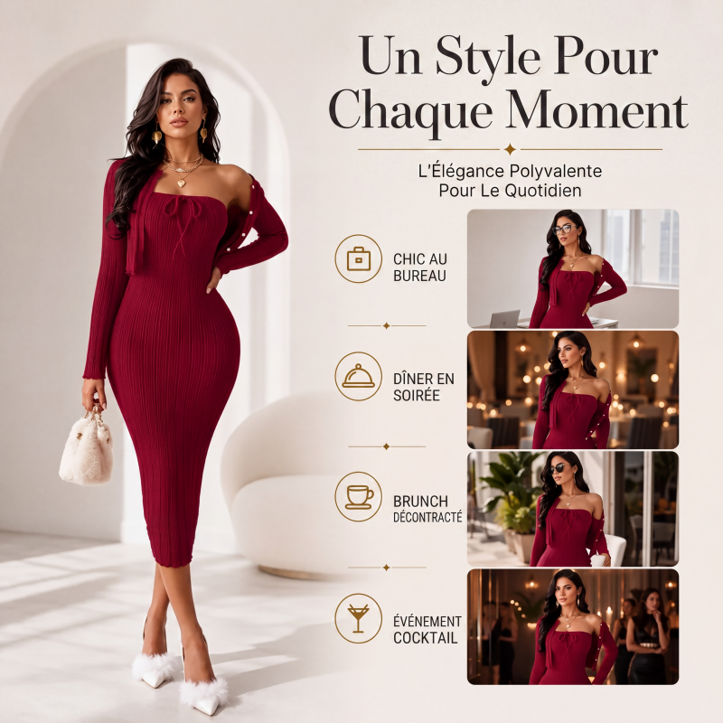 Robe bodycon en maille côtelée pour femme avec cardigan court