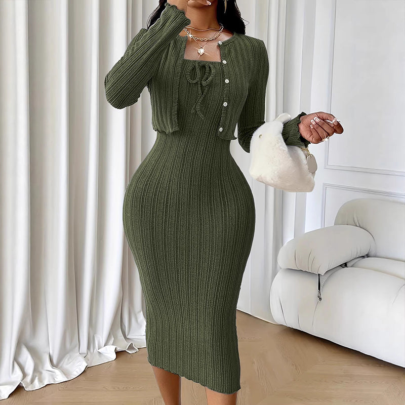 Robe bodycon en maille côtelée pour femme avec cardigan court