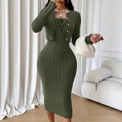 Robe bodycon en maille côtelée pour femme avec cardigan court