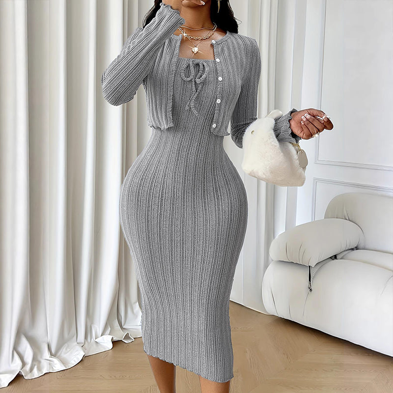 Robe bodycon en maille côtelée pour femme avec cardigan court