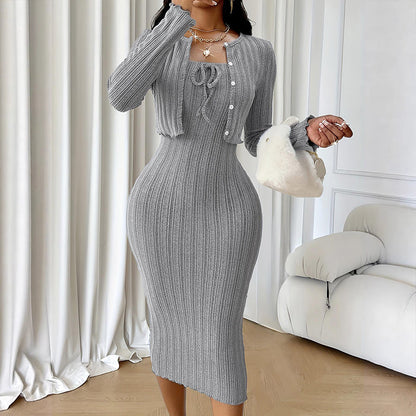 Robe bodycon en maille côtelée pour femme avec cardigan court