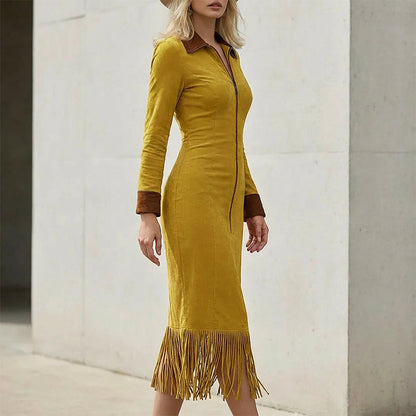 Robe midi à manches longues et ourlet à franges pour femme