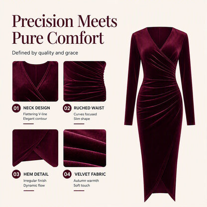 Robe moulante en velours à col V et fronces pour femme