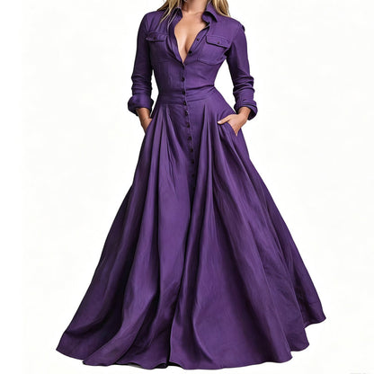 Robe maxi pour femme à col revers et boutonnée
