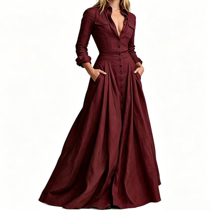 Robe maxi pour femme à col revers et boutonnée