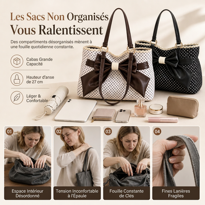 Sac à bandoulière sous le bras pour femmes à grands motifs à pois, avec nœud en dentelle, sac de travail élégant et polyvalent
