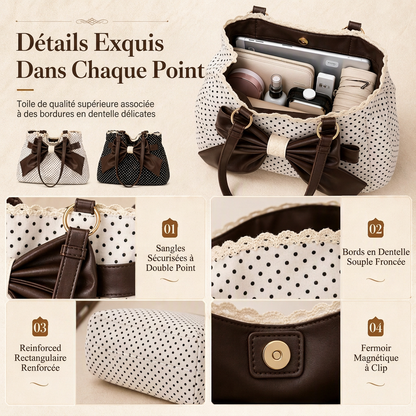Sac à bandoulière sous le bras pour femmes à grands motifs à pois, avec nœud en dentelle, sac de travail élégant et polyvalent