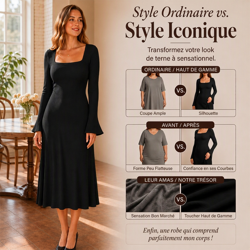 Robe midi pour femme à col carré et manches évasées