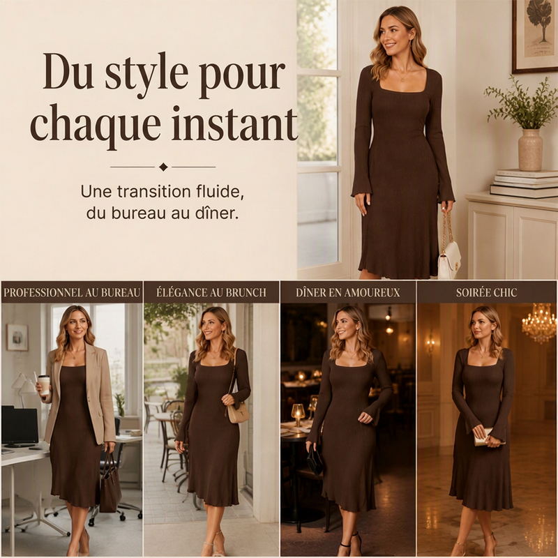 Robe midi pour femme à col carré et manches évasées