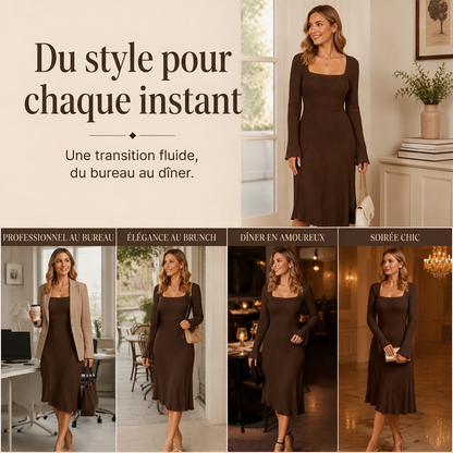 Robe midi pour femme à col carré et manches évasées